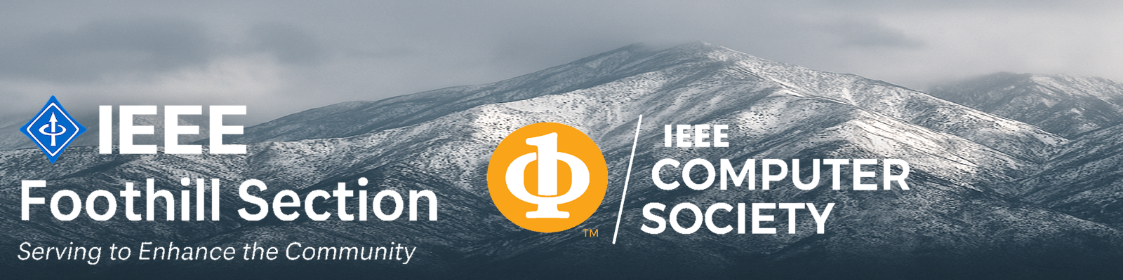 Foothill Section and Computer Society Chapter logos over photo-realistic snowy mountains