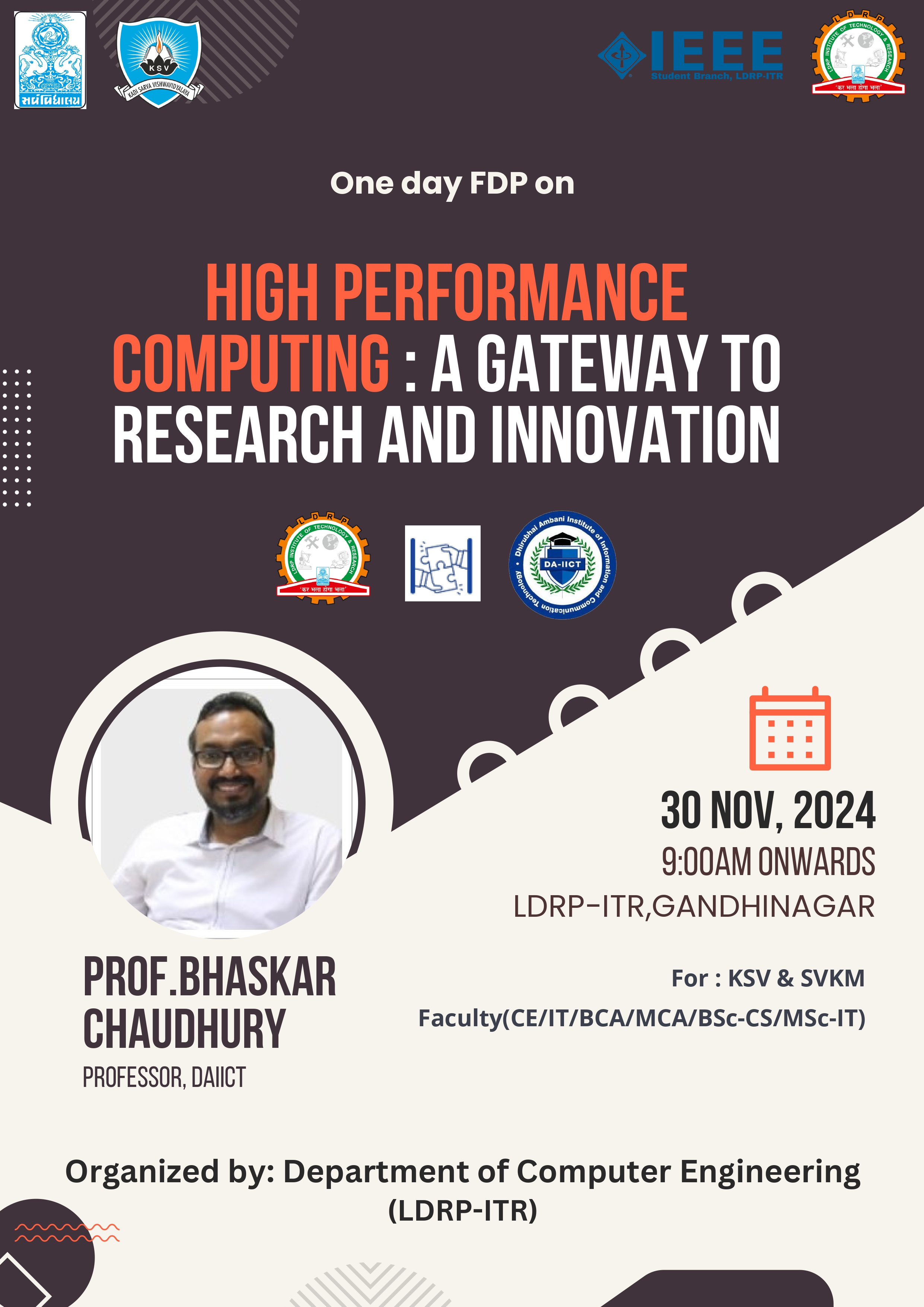 FDP on High Performance Computing A Gateway to Research and Innovation for SVKM-KSV faculties Event Poster